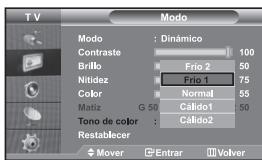 T V Modo Contraste : Dinámico 100 Brillo Frio 2 50 Nitidez Frio 1 75 Color Normal 55 Matiz G 50 Cálido1 50 Tono de color : Cálido2 Restablecer Mover Entrar Volver