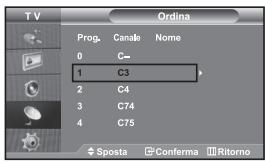 TV Ordina Prog. Canal Name 0 C- 1 C3 2 C4 3 C74 4 C75 Sposta Conferma Ritorno