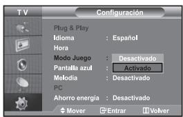 TV Configuración Plug & Play Idioma : Español Hora Modo Juego : Desactivado Pantalla azul : Activado Melodia : Desactivado PC Ahorro energía : Desactivado Mover Entran Volver