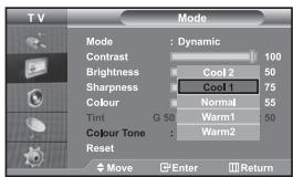 TV Mode Dynamic Contrast 100 Brightness Cool2 50 Sharpness Cool1 75 Colour Normal 55 Tint G 50 Warm1 50 Colour Tone : Warm2 Reset Move Enter Return