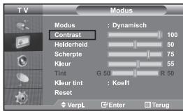 TV Modus Modus : Dynamisch Contrast 100 Helderheid 50 Scherpte 75 Kleur 55 Tint G 50 R 50 Kleur tint : Koeft Reset ◆ VerpL □ Enter □ Terug