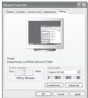Display Properties Features Desktop Screen Save Appearance Settings Display: Default Monitor on NVIDIA GeForce Fi 5200 Screen resolution Mass Less 1360 by 768 pixels Color quality Highest [12/14] Use shutdown Advanced OK Cancel Apply