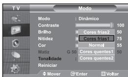 T V Modo : Dinâmico Contraste 100 Brilho 50 Nitidez 50 Cor Normal 55 Matiz G 50 Cores frias2 50 Tonalidade : Cores quentes1 50 Reiniciar Mover Enter Voltar