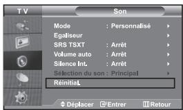 TV Son Mode : Personnalisé Egaliseur SRS TSXT : Arrêt Volume auto : Arrêt Silence Int. : Arrêt Selection du son : Principal Réinitial Déplacer Entrer Retour