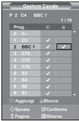 Gestore Canale P 2 C4 BBC 1 1 / 10 Prog. 0 C-- 1 C3 ✓ 2 BBC 1 ✓ ✓ 3 C74 ✓ 4 C75 ✓ 5 C76 ✓ 6 S3 ✓ 7 S4 ✓ 8 S6 ✓ 9 S7 ✓ Aggiungi Blocco Sposta Conferma Pagina Ritorno
