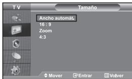 T V Tamaño Ancho automab. 16 : 9 Zoom 4:3 Mover Entrar Volver