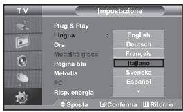 TV Impostazione Plug & Play Lingua : English Ora : Deutsch Modalità gioco : Français Pagina blu Italiano Metodia : Svenska PC : Español Risp. energia Sposta Conferma Ritorno