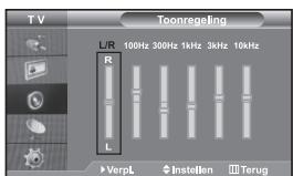 Toonregeling L/R 100Hz 300Hz 1kHz 3kHz 10kHz R L VerpL Instellen Terug