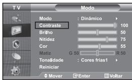 TV Modo Modo : Dinâmico Contraste 100 Brilho 50 Nitidez 75 Cor 55 Matiz G 50 R 50 Tonalidade : Cores frias1 Reiniciar Mover Enter Voltar