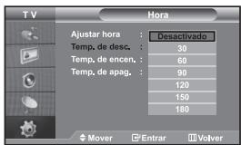 TV Ajustar hora : Desactivado Temp. de desc. : 30 Temp. de encen. : 60 Temp. de apag. : 90 120 150 180 Mover Entrar Volver