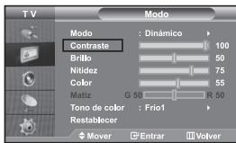 TV Modo Modo : Dinámico Contraste 100 Brillo 50 Nitidez 75 Color 55 Matiz G 50 R 50 Tono de color : Frio1 Restablecer Mover Entrar Volver