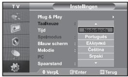 T V Instellingen Plug & Play Taalkeuze : Nederlands Tijd Spelmodus : Português Blauw scherm : Ελληντκό Melodie : Čeština PC : Srpski Spaarstand : Verpl Enter Terug
