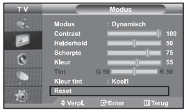 TV Modus Modus : Dynamisch Contrast 100 Helderheid 50 Scherpte 75 Kleur 55 Tint G 50 R 50 Kleur tint : KoeII Reset VerpL Enter Terug