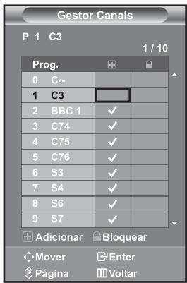 Gestor Canais P 1 C3 1 / 10 Prog. 0 C-- 1 C3 2 BBC 1 ✓ 3 C74 ✓ 4 C75 ✓ 5 C76 ✓ 6 S3 ✓ 7 S4 ✓ 8 S6 ✓ 9 S7 ✓ Adicionar Bloquear Mover Enter Página Voltar