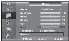 T V Modo Modo : Dinâmico Contraste 100 Brilho 50 Nitidez 75 Cor 55 Matiz G 50 R 50 Tonalidade : Cores frias1 Reiniciar Mover Enter Voltar