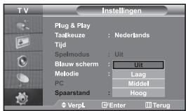 TV Instellingen Plug & Play Taalkeuze : Nederlands Tijd Spelmodus : Uit Blauw scherm : Uit Metodie : Laag PC : Middel Spaarstand : Hoog VerpL Enter Terug