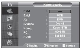 TV Name bearb. Ext.1 Ext.2 AV S-Video Komp. PC HDMI - VCR DVD D-VHS Kabel-STB HD-STB Sat-STB - Navig. Eingabe Zurück