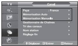 TV Canal Pays : France Mémorisation Auto Mémorisation Manuelle Gestionnaire de Chaînes Tri des canaux Nom station Réglage fin Déplacer Enterer Retour