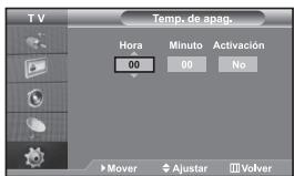 Temp. de apag. Hora Minuto Activación 00 00 No Mover Ajustar Volver