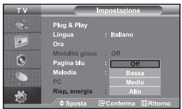 TV Impostazione Plug & Play Lingua : Italiano Ora Modalità gioco : Off Pagina blu : Off Metodia : Bassa PC : Medio Risp, energia : Alto ◆ Sposta □ Conferma □ Ritorno