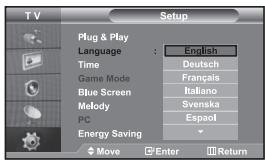 T V Setup Plug & Play Language : English Time Game Mode Blue Screen Melody PC Energy Saving Move Enter Return