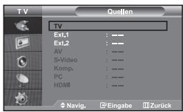 TV Ext.1 : — Ext.2 : — AV : — S-Video : — Komp. : — PC : — HDMI : — Navig. Eingabe Zurück