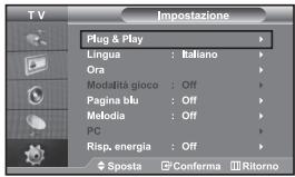 TV Impostazione Plug & Play Lingua : Italiano Ora Modalità gioco : Off Pagina blu : Off Metodia : Off PC Risp. energia : Off Sposta Conferma Ritorno