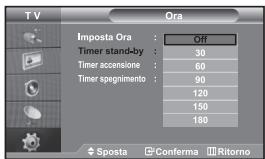 TV Ora Imposta Ora : OFF Timer stand-by : 30 Timer accensione : 60 Timer spegnimento : 90 120 150 180 Sposta Conferma Ritorno