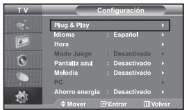 T V Configuración Plug & Play Idioma : Español Hora Modo Juego : Desactivado Pantalla azul : Desactivado Melodia : Desactivado PC Ahorro energía : Desactivado Mover □ Entrar □ Volver