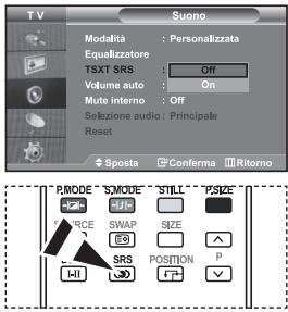 T V Suono Modalità : Personalizzata Equalizzatore TSXT SRS : Off Volume auto : On Mute interno : Off Selezione audio: Principale Reset Sposta Conferma Ritorno PRAODE "SMODE" STILL "FSIZE" FORCE SWAP SIZE SRS POSITION P I-II