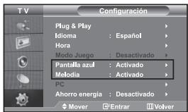 T V Configuración Plug & Play Idioma : Español Hora Modo Juego : Desactivado Pantalla azul : Activado Melodia : Activado PC Ahorro energía : Desactivado Mover □ Entrar □ Volver