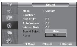 TV Sound Mode : Custom Equalizer SRS TSXT : Off Auto Volume : Off Internal Mute : Off Sound Select : Main Reset Sub Move Enter Return