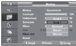T V Modus : Dynamisch Contrast 100 Helderheid Koel 2 50 Scherpte Koel 1 75 Kleur Normaal 55 Tint G 50 Warm1 50 Kleur tint Warm2 Reset VerpL Enter Terug
