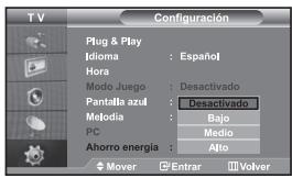 T V Configuración Plug & Play [Idioma : Español] Hora Modo Juego : Desactivado Pantalla azul : Desactivado Metodia : Bajo PC : Medio Ahorro energía : Alto Mover Entrar Volver