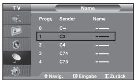 TV Progr. Sender Name 0 C— 1 C3 ——— 2 C4 ——— 3 C74 ——— 4 C75 ——— Navig. Eingabe Zurück