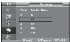 TV Sortieren Progr. Sender Name 0 C— 1 C3 2 C4 3 C74 4 C75 Navig. Eingabe Zurück