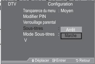 SAMSUNG LE46A559P4F - DTV Configuration
Transparence du menu : Moyen Z
Modifier PIN Z
Verrouillage parental Z
Sous-titres : Arrêt Z
Mode Sous-titres Z
V
1. Führen Sie das Schloss in den Kensington-Einschub am LCD-Fernsehgerät ein (Abbildung 1), und drehen Sie es in die Verriegelungsposition (Abbildung 2).   
2. Schließen Sie das Kabel für das Kensington-Schloss an.   
3. Befestigen Sie das Kensington-Schloss an einem Tisch oder einem schweren stationären Objekt.   
° Die Position des Kensington-Schlosses ist modellabhängig.

![](images/ec52cf5c7fd60d68cc9f32a09ad33a1cbd2535e65840e8eac22eea2d5cfddd37.jpg)




text_image7fd60d68cc9f32a09ad33a1cbd2535e65840e8eac22eea2d5cfddd37.jpg)



DTV
Modifier PIN
&amp;RQILUPHU 1RXYHDX &amp;
9RWUH FRGH 3,1 D pWp PRGLIPo D Q
OK
Saisir le code PIN Retour

&amp;RQ;JXUDWLRQ GHV VRXV WLWUHVe6f3423b9445.jpg)

![](images/53722085c207ea9ec275592c602225c189ccc7d89a92edf912201ac249419b2f.jpg)

Fehlerbehebung: Vor der Kontaktaufnahme mit dem Kundendienst - 1