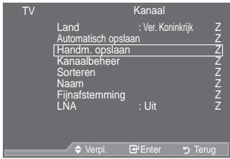 SAMSUNG LE46A559P4F - Kanalen automatisch opslaanremere il tasto ENTER.

° Al termine, viene visualizzato il numero di servizi trovati.   
° L'elenco dei canali esistente non viene eliminato quando si aggiorna l'elenco dei canali.   
° Per interrompere la scansione prima del termine, premere ENTER☐ dopo aver selezionato "Arresta".

![](images/e5f089aabfe581bf95de5aac9a9fad36459808825dc33474785c1d30ee7673b3.jpg)


U kunt scannen op de beschikbare frequentiebereiken (beschikbaarheid is afhankelijk van waar u woont).
Automatisch toegewezen kanaalnummers komen mogelijk niet overeen met de feitelijke of gewenste kanaalnummers. U kunt nummers echter handmatig rangschikken en ongewenste kanalen wissen.

Druk op de toets MENU om het menu weer te geven. 
'UXN RS GH WRHWV x RI z RP 3.DQDDO' WHENTERG.FWHUHQ HQ GUXN RS   
Druk op de toets ENTER← om "Land" te selecteren.   

6 HOHFWHHU KHW JHZHQVWH ODQG GRRU RS GH WRHWV x RI z WH GUX Druk op de toets ENTER om uw keuze te bevestigen. 
Hoewel u de landinstelling in dit menu hebt gewijzigd, is de landinstelling voor DTV niet gewijzigd. (Zie pagina 31)


'UXN RS GH WRHWV x RI z RP 3\$XWRPDWLVFK RSVHOMDERGWH VHOHFWHI


Druk op de toets ENTER.


De TV start met het opslaan van alle beschikbare kanalen.
Druk op elk gewenst moment op ENTER om de opslagprocedure te onderbreken en terug te keren naar het menu "Kanaal".

Nadat alle beschikbare kanalen zijn opgeslagen, verschijnt het menu "Sorteren". (Zie pagina 15)

Nederlands - 12


Kanalen handmatig opslaan in corso...
35%
Servizi trovati: 24 Canale 38
Arresta
Ritorno - 1