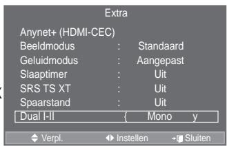 SAMSUNG LE46A559P4F - ‡TV-luidspreker: Uit/Aanremere il tasto S o T per selezionare "Menu digitale", quindi premere ENTERG.   
2. Premere il tasto S o T per selezionare "Impostazione", quindi premere ENTERG.   
3. Premere il tasto S o T per selezionare "Sistema", quindi premere il tasto ENTER.   
4. Premere il tasto S o T per selezionare "Informazioni sul segnale", quindi premere ENTER.

5. Al termine, premere il tasto EXIT.

° Se il segnale è debole, viene visualizzato il messaggio “Nessun segnale”.

![](images/e58b76d4ac61f5f4c151207a3c80f990e65f1eeb5d8795bde7c60283c2df5ebd.jpg)


Indien u het geluid door aparte luidsprekers wilt horen, annuleert u de interne versterker.
° De toets ▲ +, ▲ - en MUTE werken niet wanneer "TV-luidspreker" is uitgeschakeld. 
Wanneer "TV-luidspreker" is ingesteld op "Uit", kunt u alleen "Geluidskeuze" (in PIP-modus) in het menu Sound bedienen.
‡Geluidskeuze: Hoofdtuner/Subtuner
Wanneer de PIP-functie is geactiveerd, kunt u naar het geluid bij het subbeeld (PIP) luisteren.
í Hoofdtuner : hiermee geeft u het geluid van het hoofdbeeld weer.
í Subtuner : hiermee geeft het geluid van het subbeeld weer.

Geproduceerd onder licentie van Dolby Laboratories. "Dolby" en het symbool met de dubbele D zijn handelsmerken van Dolby Laboratories.
De geluidsmodus selecteren: 0
Ritorno - 1