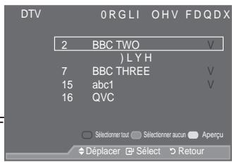 SAMSUNG LE46A559P4F - Mise à jour automatique de la liste des chaînesa124002ea5642fa80.jpg)

Hintergrundmusik :

Auswählen, um zu festzulegen, ob während einer Diaschau eine MP3-Datei abgespielt werden soll.

'U•FNHQ 6LH GLH x RGHU z 7DVWH XP GLH JHZ•QVFKWH 2SWLRQ DXV]XZIKOHQ (LQ \$XV GU•FNHQ 6LH DQVFKOLH‰HQG GLH ENTER)-Taste.

![](images/349cea241bdecd5a5f1aa6885c4fa0202742b5680fe7b13bb6b6099663dddc40.jpg)


9RXV SRXYH] PHWWUH j MRXU OD OLVWH
O¶pPHWWHXU DMRXWH GH QRXYHDX[ VHU
YRWUH WpOpYLVHXU

Appuyez sur le bouton MENU SRXU DI¿FKHU OH PH Appuyez sur le bouton S ou T pour sélectionner "Menu numérique" puis appuyez sur le bouton ENTERG.   
Appuyez sur le bouton S ou T pour sélectionner "Canal", puis appuyez sur le bouton ENTER.   
Appuyez sur le bouton ENTER pour sélectionner "Pays".   
Sélectionnez le pays correspondant en appuyant sur les
ERXWRQV x RX z \$SSX\ENTERG pOUH ERXV
FRQ¿UPHU YRWUH FKRL[

Même si vous avez modifié le paramètre de pays dans ce menu, le paramètre de pays pour la télévision analogique UHVWH OH PrPH UHSRU120H] YRXV j

Appuyez à nouveau sur le bouton S ou T pour sélectionner "Mémorisation Auto".

Appuyez sur le bouton ENTER.


text_imagetails>

DTV
Canal
Pays :Royaume-Uni Z
Mémorisation Auto Z
Mémorisation Manuelle Z
0 R GLI OHV FDQDX[ ZD Y
Liste des chaînes Z
Déplacer Entrer Retour

![](images/bd84f03d9354d1acec6043417e3adc2d6cf5b4ccec7838b3b00f9b36d1f2d204.jpg)




text_image

DTV
Mémorisation Auto
5 HFKHUFKH GH VHUYLFH
35%
6 HUYLFH WUR&amp;DO
Arrêter
5 Retour

![](images/6940f8f207fb093e3f7488eb50733411afd3172edd8170992e2d2a6a968688b0.jpg)


° /RUVTXH F¶HVW WHUPLQp OH QRPEUH GH VHUYLFHV EDOD\pV V¶DI¿F 
° La liste existante des chaînes préférées n'est pas effacée lorsque la liste des chaînes est mise à jour. 
° 3 RXU DUUr WHU OD UHFKHUFKH DYDENTERG après au disÉctidinéV XU OD WRXFK "Arrêter".

Appuyez sur le bouton EXIT pour quitter le menu.

° 6L O¶pWDW GX VLJQDO HVW IDLEOH OH PHVVDJM HWHQFK'QVMIDU?YFLFHH WI
Mise à jour manuelle de la liste des chaînessehbildschirms

DQJH]HLJW ]XP %HLVSLHO GLH \$XÀ|V
Änderung und der Ordner der Datei im aktuellen Verzeichnis (z. B. 10. von 15).

![](images/b66d1454ef2109e2f9567c575bf3f39e93410444f86a7c0f941b48835bb70fed.jpg)


9RXV SRXYH] VSpFL¿HU OH FDQDO SRXU

Appuyez sur le bouton MENU SRXU DI¿FKHU OH PH Appuyez sur le bouton S ou T pour sélectionner "Menu numérique" puis appuyez sur le bouton ENTER.   
Appuyez sur le bouton S ou T pour sélectionner "Canal", puis appuyez sur le bouton ENTERG.   
Appuyez sur le bouton S ou T pour sélectionner "Mémorisation Manuelle" puis appuyez sur le bouton ENTER.   
Appuyez sur le bouton S ou T pour sélectionner l'option souhaitée, puis appuyez sur le bouton ENTER.

° • Canal: /HV FDQDX[ j VRQW DI¿FKpV O¶XQ DSUqV O¶DXWUH DX 5RX\DXPH 8QL (Q IRQFWLRQ GX SD\V 
- Fréquence : La fréquence disponible dans le menu Canal s'affiche. 
- Bande passante : Les bandes passantes disponibles sont 7 et 8 MHz. 
° Appuyez sur le bouton rouge pour démarrer la recherche de services numériques. Au terme de la recherche, les chaînes de la liste sont mises à jour.


/RUVTXH F¶HVW WHUPLQp OH QRPEUH GH VHUYLFHV EDOD\pV V¶DI¿Fh


Appuyez sur le bouton EXIT pour quitter le menu.




text_imagezurückgehen

![](images/d526b31a678196d06f4c96ae0b261d5de65e823fdc683a8e8bce1a1f806dbc13.jpg)



DTV
Mémorisation Manuelle
Canal
x
Fréquence
Bande passante
65
474000
.+]
8
0 + ]
z
Recherche
♦ Régler
→ Retour

1. Führen Sie die Schritte 1 bis 3 des Abschnitts "Verwenden des WISELINK-Menüs" aus. (Beziehen Sie sich auf Seite 49)   
2. 'U•FNHQ 6LH GLH { RGHU y 7DVWH XP drücken Sie anschließend ENTERG'. Die gespeicherte Dateiinformation wird als Ordner oder als Datei angezeigt.   
3. 'U•FNHQ 6LH GLH 7DVWHQ x z { XQG y auszuwählen, drücken Sie anschließend die ENTERG-Taste. Durch Drücken der Taste über einem Miniaturbild wird das Foto auf dem ganzen Bildschirm angezeigt.

4. Drücken Sie die INFO 7D V W H XP GLH 2 S W L R Q H Q 'L D V K R Z V W D U W H Q = R R P anzuzeigen

![](images/9c7ca3c49a822b83017f6e66daaff6e5741d7d35bcf7019efce101cbb86fd2bd.jpg)


0RGL¿FDWLRQ GH YRV FDQDX[ IDYRULV gespeicherte Dateiinformation wird als Ordner oder als Datei angezeigt.   
3. 'U•FNHQ 6LH GLH 7DVWHQ x z { XQG y auszuwählen, drücken Sie anschließend die ENTERG-Taste. Durch Drücken der Taste über einem Miniaturbild wird das Foto auf dem ganzen Bildschirm angezeigt.

4. Drücken Sie die INFO 7D V W H XP GLH 2 S W L R Q H Q 'L D V K R Z V W D U W H Q = R R P anzuzeigen

![](images/9c7ca3c49a822b83017f6e66daaff6e5741d7d35bcf7019efce101cbb86fd2bd.jpg)


9RXV SRXYH] PRGLiHU YRV FDQDX[ IDYRULV : ORLGI OHV TYRD WUH boutons de couleur.
DTV 0RGLI OHV FDQDX
(Augun canal)

Appuyez sur le bouton MENU SRXU DI¿FKHU OH PH Appuyez sur le bouton S ou T pour sélectionner "Menu numérique" puis appuyez sur le bouton ENTERG.   
Appuyez sur le bouton S ou T pour sélectionner "Canal", puis appuyez sur le bouton ENTER.   
Appuyez sur le bouton S ou T pour sélectionner "Modif. les canaux favoris" puis appuyez sur le bouton ENTER.   
\$SSX\H] VXU OH ERXWRQ URXJH SRXU actuellement mémorisés.   
Appuyez sur le bouton S ou T pour sélectionner le canal souhaité. Appuyez sur le bouton ENTER.

° /¶LF{QHHVWDI¿FKpHSUqVGXFDDQ
dernière sera ajoutée à la liste des chaînes favorites.
° yPour annuler, appuyez une nouvelle fois sur le bouton ENTER.
ySélectionner tout : Sélectionne tous les canaux DFWXHOOPHPQW DI¿FKpV
ySélectionner aucun : Désélectionne tous les canaux.
yAperçu : \$I ¿FKH OHV FDQDX[ DFWXHOO
° Le réglage des canaux favoris est terminé.

Appuyez sur le bouton EXIT pour quitter le menu.



text_image>

DTV
0RGLI OHV FDQDX
(Aucun canal)
Ajouter des chaînes
Retour
Show starten
Zoom X1 x1
Drehen 0 y x2
Late x4.5
INFO Selection
GDQQ DXI x z



text_imageils>

DI ? R
TTXIMIX
PSIZE
DMA
OH GHV FDQ
; : Ein Foto heranzoomen x4.

▼ / ▲ / ◀ / ▶ : Das herangezoomte Foto nach oben/unten/rechts/links bewegen. - 4