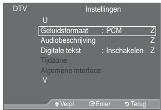 SAMSUNG LE46A559P4F - DTV
Instellingen
Transparantie menu : Middel
PIN wijzigen
Kinderslotting : Aan
Ondertiteling : Normaal
Ondertit. modus V
Slechthorenden
Verpl. Enter Terug

Símbolos

![](images/c029ba12357d961f81eaed2d67406ba58be836af4d60b96f3667ac7df8097bb7.jpg)

Pulsar

![](images/908e18355811d80eba117617353cf0746eb9e748efda3c0f116a9c4005b8b8b8.jpg)

Nota

![](images/db50860268ddf0775b619c861184df74eb1cd3f1cd704d727fe76b4ad9dbb14c.jpg)

Botón de una
pulsación

Español - 2

![](images/9521ea0ebac2dfff0ec6a834015a8407fe82db3602f27683ad570f04c9ba9acf.jpg)




Druk op de toets MENU om het menu weer te geven.
Druk op de toets x RI am "Digitaal menu" te selecteren en druk op de toets ENTER.


'U X N R S G H R V I R o r t R U P s t e x O F g E W Z H R G G d e a d W r e G D Q 10 b p G e l t b e G - E M T E H R G H Q H F Q V G I U X I Q R I S Q G H U W   

'U X N R S G H R V I R d r R V B e f u i d s R O n a L C P e 3 S E A D E X O L D E N d r U v d P o D H O M E W T H R Q H Q H F Q V G I U X I Q R I S Q G H   
'U X N R S G H M V R a r H P C M &amp; R D z R y D i g e &amp; E s R e d t e r H O D Y' 'W J H L W - D O C H F W H I V H H Q H F W H U H Q Druk op de toets ENTER om het menu te verlaten.   
Druk op de toets EXIT om het menu te verlaten.
Het geluidsformaat wordt weergegeven overeenkomstig het uitzendsignaal. Dolby Digital-geluid is alleen beschikbaar wanneer de TV is aangesloten op een externe luidspreker met een optische kabel. - 1