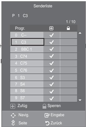 SAMSUNG LE46A559P4F - Sender hinzufügen/sperren op de toets ENTER.   
3. Druk op de toets x R I am "Favorieten bewerken" te selecteren en druk op de toets ENTER.   
4. Selecteer het gewenste kanaal door op de toets x R I te drukken.   
5. Druk op de groene toets.

° De ruimte voor het invoeren van het nummer is leeg.

![](images/ebe17b87c82976ff6f4986bde341aac6f65324502f7eaf32d89a4397b58e10a3.jpg)


° Bei DTV oder externem Eingangssignal nicht verfügbar.
Mit Hilfe der Programmverwaltung können Sie Sender bequem sperren oder hinzufügen.

Drücken Sie die Taste MENU, um das Menü anzuzeigen.
'U•FNHQ 6LH GLH 7DV Wkanal" Auszubwählen, und drücken Sie dann die Taste ENTERG.   
'U•FNHQ 6LH GLH 7DVWH x RGHU z XP auszuwählen, und drücken Sie dann die Taste ENTER!'. 
‡ 6 HQ GHU KLQ]XI•JHQ
Mit Hilfe der Senderliste können Sie Kanäle hinzufügen.   
Wählen Sie die "Senderliste" durch Drücken der Taste ENTER.   
Wechseln Sie zum Feld (⊕) L Q G H P 6 L H G L H 7 D V W I drücken, und wählen Sie den hinzuzufügenden Sender aus. Drücken Sie dann die Taste ENTER∅, um den Sender hinzuzufügen.

Wenn Sie erneut die Taste ENTER ☑ drücken, wird das Symbol (√) neben dem Kanal angezeigt, und der Kanal wird nicht hinzugefügt.
° “☐” ist aktiviert, wenn “Kindersicherung” auf “Ein” eingestellt ist.


text_imagekanaalnummer in. Druk op ENTER om op te slaan of op RETURN om te annuleren.

° 'UXN RS GH NQRS { RP HHQ LQJHYRHUG JHWDO WH YHUZLMGHUHQ   
° Wanneer u een nummer invoert dat al aan een ander kanaal is toegewezen, wordt het nummer toegewezen aan het geselecteerde kanaal en wordt het vorige nummer toegewezen aan het andere kanaal. De twee nummers worden dus omgedraaid.   
° De Favoriete kanalen worden automatisch gesorteerd in een oplopende volgorde van kanaalnummers.

7. Druk op de toets EXIT om het menu te verlaten.



TV
Land : GB
Autom. speichern
Man. speichern
Programmverwaltung
Sortieren
Name
Feinabstimmung
LNA : Aus
Z
Z
Z
Z
Z
Z
Z
Z
Z
Navig. Eingabe Zurück
2 BBC TWO V
7 BBC THREE V
15 abc1 V
Toevoegen Opn. nummeren Trailer Verwijderen
Verpl. Terug - 2