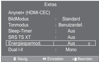 SAMSUNG LE46A559P4F - ‡ Energiesparmod.: Aus/Gering/Mittel/Hoch/ Auto39fc857e654f5eb03f.jpg)


Mit dieser Funktion wird die Helligkeit des Bildschirms entsprechend den Lichtverhältnissen der Umgebung angepasst.
í Aus: Deaktiviert die Energiesparfunktion. 
í Gering : Hiermit stellen Sie die Energiesparfunktion auf Niedrig. 
í Mittel : Hiermit stellen Sie die Energiesparfunktion auf Mittel. 
í Hoch : Hiermit stellen Sie die Energiesparfunktion auf Hoch. 
í Auto : Mit dieser Funktion wird die Helligkeit des Fernsehgeräts automatisch an das angezeigte Bild angepasst.
Einfaches Einstellentergrikt. Aan y
Inst. achtergrondmuziek
Lipt
INFO Sluiten - 1