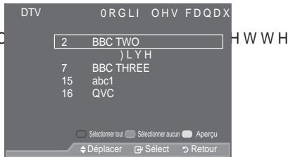 SAMSUNG LE46A559P4F - Mise à jour automatique de la liste des chaînesa124002ea5642fa80.jpg)

Hintergrundmusik :

Auswählen, um zu festzulegen, ob während einer Diaschau eine MP3-Datei abgespielt werden soll.

'U•FNHQ 6LH GLH x RGHU z 7DVWH XP GLH JHZ•QVFKWH 2SWLRQ DXV]XZIKOHQ (LQ \$XV GU•FNHQ 6LH DQVFKOLH‰HQG GLH ENTER)-Taste.

![](images/349cea241bdecd5a5f1aa6885c4fa0202742b5680fe7b13bb6b6099663dddc40.jpg)


9RXV SRXYH] PHWWUH j MRXU OD OLVWH
O¶pPHWWHXU DMRXWH GH QRXYHDX[ VHU
YRWUH WpOpYLVHXU

Appuyez sur le bouton MENU SRXU DI¿FKHU OH PH Appuyez sur le bouton S ou T pour sélectionner "Menu numérique" puis appuyez sur le bouton ENTERG.   
Appuyez sur le bouton S ou T pour sélectionner "Canal", puis appuyez sur le bouton ENTER.   
Appuyez sur le bouton ENTER pour sélectionner "Pays".   
Sélectionnez le pays correspondant en appuyant sur les
ERXWRQV x RX z \$SSX\ENTERG pOUH ERXV
FRQ¿UPHU YRWUH FKRL[

Même si vous avez modifié le paramètre de pays dans ce menu, le paramètre de pays pour la télévision analogique UHVWH OH PrPH UHSRU120H] YRXV j

Appuyez à nouveau sur le bouton S ou T pour sélectionner "Mémorisation Auto".

Appuyez sur le bouton ENTER.


text_imagetails>

DTV
Canal
Pays :Royaume-Uni Z
Mémorisation Auto Z
Mémorisation Manuelle Z
0 R GLI OHV FDQDX[ ZD Y
Liste des chaînes Z
Déplacer Entrer Retour

![](images/bd84f03d9354d1acec6043417e3adc2d6cf5b4ccec7838b3b00f9b36d1f2d204.jpg)




text_image

DTV
Mémorisation Auto
5 HFKHUFKH GH VHUYLFH
35%
6 HUYLFH WUR&amp;DO
Arrêter
5 Retour

![](images/6940f8f207fb093e3f7488eb50733411afd3172edd8170992e2d2a6a968688b0.jpg)


° /RUVTXH F¶HVW WHUPLQp OH QRPEUH GH VHUYLFHV EDOD\pV V¶DI¿F 
° La liste existante des chaînes préférées n'est pas effacée lorsque la liste des chaînes est mise à jour. 
° 3 RXU DUUr WHU OD UHFKHUFKH DYDENTERG après au disÉctidinéV XU OD WRXFK "Arrêter".

Appuyez sur le bouton EXIT pour quitter le menu.

° 6L O¶pWDW GX VLJQDO HVW IDLEOH OH PHVVDJM HWHQFK'QVMIDU?YFLFHH WI
Mise à jour manuelle de la liste des chaînessehbildschirms

DQJH]HLJW ]XP %HLVSLHO GLH \$XÀ|V
Änderung und der Ordner der Datei im aktuellen Verzeichnis (z. B. 10. von 15).

![](images/b66d1454ef2109e2f9567c575bf3f39e93410444f86a7c0f941b48835bb70fed.jpg)


9RXV SRXYH] VSpFL¿HU OH FDQDO SRXU

Appuyez sur le bouton MENU SRXU DI¿FKHU OH PH Appuyez sur le bouton S ou T pour sélectionner "Menu numérique" puis appuyez sur le bouton ENTER.   
Appuyez sur le bouton S ou T pour sélectionner "Canal", puis appuyez sur le bouton ENTERG.   
Appuyez sur le bouton S ou T pour sélectionner "Mémorisation Manuelle" puis appuyez sur le bouton ENTER.   
Appuyez sur le bouton S ou T pour sélectionner l'option souhaitée, puis appuyez sur le bouton ENTER.

° • Canal: /HV FDQDX[ j VRQW DI¿FKpV O¶XQ DSUqV O¶DXWUH DX 5RX\DXPH 8QL (Q IRQFWLRQ GX SD\V 
- Fréquence : La fréquence disponible dans le menu Canal s'affiche. 
- Bande passante : Les bandes passantes disponibles sont 7 et 8 MHz. 
° Appuyez sur le bouton rouge pour démarrer la recherche de services numériques. Au terme de la recherche, les chaînes de la liste sont mises à jour.


/RUVTXH F¶HVW WHUPLQp OH QRPEUH GH VHUYLFHV EDOD\pV V¶DI¿Fh


Appuyez sur le bouton EXIT pour quitter le menu.




text_imagezurückgehen

![](images/d526b31a678196d06f4c96ae0b261d5de65e823fdc683a8e8bce1a1f806dbc13.jpg)



DTV
Mémorisation Manuelle
Canal
x
Fréquence
Bande passante
65
474000
.+]
8
0 + ]
z
Recherche
♦ Régler
→ Retour

1. Führen Sie die Schritte 1 bis 3 des Abschnitts "Verwenden des WISELINK-Menüs" aus. (Beziehen Sie sich auf Seite 49)   
2. 'U•FNHQ 6LH GLH { RGHU y 7DVWH XP drücken Sie anschließend ENTERG'. Die gespeicherte Dateiinformation wird als Ordner oder als Datei angezeigt.   
3. 'U•FNHQ 6LH GLH 7DVWHQ x z { XQG y auszuwählen, drücken Sie anschließend die ENTERG-Taste. Durch Drücken der Taste über einem Miniaturbild wird das Foto auf dem ganzen Bildschirm angezeigt.

4. Drücken Sie die INFO 7D V W H XP GLH 2 S W L R Q H Q 'L D V K R Z V W D U W H Q = R R P anzuzeigen

![](images/9c7ca3c49a822b83017f6e66daaff6e5741d7d35bcf7019efce101cbb86fd2bd.jpg)


0RGL¿FDWLRQ GH YRV FDQDX[ IDYRULV gespeicherte Dateiinformation wird als Ordner oder als Datei angezeigt.   
3. 'U•FNHQ 6LH GLH 7DVWHQ x z { XQG y auszuwählen, drücken Sie anschließend die ENTERG-Taste. Durch Drücken der Taste über einem Miniaturbild wird das Foto auf dem ganzen Bildschirm angezeigt.

4. Drücken Sie die INFO 7D V W H XP GLH 2 S W L R Q H Q 'L D V K R Z V W D U W H Q = R R P anzuzeigen

![](images/9c7ca3c49a822b83017f6e66daaff6e5741d7d35bcf7019efce101cbb86fd2bd.jpg)


9RXV SRXYH] PRGLiHU YRV FDQDX[ IDYRULV : ORLGI OHV TYRD WUH boutons de couleur.
DTV 0RGLI OHV FDQDX
(Augun canal)

Appuyez sur le bouton MENU SRXU DI¿FKHU OH PH Appuyez sur le bouton S ou T pour sélectionner "Menu numérique" puis appuyez sur le bouton ENTERG.   
Appuyez sur le bouton S ou T pour sélectionner "Canal", puis appuyez sur le bouton ENTER.   
Appuyez sur le bouton S ou T pour sélectionner "Modif. les canaux favoris" puis appuyez sur le bouton ENTER.   
\$SSX\H] VXU OH ERXWRQ URXJH SRXU actuellement mémorisés.   
Appuyez sur le bouton S ou T pour sélectionner le canal souhaité. Appuyez sur le bouton ENTER.

° /¶LF{QHHVWDI¿FKpHSUqVGXFDDQ
dernière sera ajoutée à la liste des chaînes favorites.
° yPour annuler, appuyez une nouvelle fois sur le bouton ENTER.
ySélectionner tout : Sélectionne tous les canaux DFWXHOOPHPQW DI¿FKpV
ySélectionner aucun : Désélectionne tous les canaux.
yAperçu : \$I ¿FKH OHV FDQDX[ DFWXHOO
° Le réglage des canaux favoris est terminé.

Appuyez sur le bouton EXIT pour quitter le menu.



text_image>

DTV
0RGLI OHV FDQDX
(Aucun canal)
Ajouter des chaînes
Retour
Show starten
Zoom X1 x1
Drehen 0 y x2
Late x4.5
INFO Selection
GDQQ DXI x z



text_imageils>

DI ? R
TTXIMIX
PSIZE
DMA
OH GHV FDQ
; : Ein Foto heranzoomen x4.

▼ / ▲ / ◀ / ▶ : Das herangezoomte Foto nach oben/unten/rechts/links bewegen. - 1