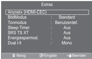 SAMSUNG LE46A559P4F - Was ist Anynet +?emere il tasto ENTER.   
6. Al termine, premere il tasto EXIT.
“L'opzione “Impostazioni dettaglio” è disponibile in modalità “Standard” o “Film”.   
° , Q PRGDOLWj 3 &amp; q SRVVLELOH PRGL¿F "Contrasto Dinamico", "Gamma" e "Bilan bianco" tra le opzioni della voce "Impostazioni dettaglio".

‡ Regolazione del nero: Spento/Bassa/Media/Alto
Consente di selezionare direttamente il livello di nero sullo schermo per regolarne la profondità.

‡ Contrasto Dinamico: Spento/Bassa/Media/Alto
Consente regolare in modo ottimale il livello di contrasto il contrasto dello schermo.

![](images/627ee60ed7aea488332249a667a0f31495c79a467a8b45d9677540516ddee42a.jpg)


Anynet+ ist ein AV Netzwerksystem, mit dem die Benutzer alle angeschlossenen AV-Geräte durch das Menüsystem von Anynet+ mittels einer einheitlichen und benutzerfreundlichen AV-Benutzerschnittstelle steuern können, wenn diese AV-Geräte von Samsung Electronics in einem Netzwerk miteinander verbunden sind.
Anschließen von Anynet ^+ -Gerätentamente il livello di nero sullo schermo per regolarne la profondità.

‡ Contrasto Dinamico: Spento/Bassa/Media/Alto
Consente regolare in modo ottimale il livello di contrasto il contrasto dello schermo.

![](images/627ee60ed7aea488332249a667a0f31495c79a467a8b45d9677540516ddee42a.jpg)


Das Anynet+-System unterstützt nur AV-Geräte, die ihrerseits Anynet+-fähig sind. Prüfen Sie, ob das AV-Gerät, das Sie an den Fernseher anschließen möchten, eine Anynet+-Kennzeichnung aufweist.
Direkter Anschluss an das Fernsehgerät 


flowcharty>


graph TD
    TV["TV"] -->|HDMI-1.3-Kabel| Anayet1["Anayet+Gerät 1"]
    TV -->|HDMI-1.3-Kabel| Anayet2["Anayet+Gerät 2"]
    TV -->|HDMI-1.3-Kabel| Anayet3["Anayet+Gerät 3"]
    Anayet1 --> HDMI_OUT["HDMI OUT"]
    Anayet2 --> HDMI_OUT
    Anayet3 --> HDMI_OUT


Modalità : Standard Z
Retroillum 7
Contrasto 95
Luminosità 45
Nitidezza 50
Colore 50
Tinta V50 R50
Impostazioni dettaglio Z
VAltro
Sposta Conferma Ritorno

Verbinden Sie einen der Anschlüsse [HDMI 1], [HDMI 2] oder [HDMI 3] am Gerät mit dem HDMI OUT-Anschluss am entsprechenden Anynet+-Gerät. Verwenden Sie hierfür das HDMI-Kabel.
Anschluss an das Heimkinosystem 


flowcharterma Ritorno

graph TD
    TV["TV"] -->|HDMI-1.3-Kabel| Anynet+Gerät1["Anynet+Gerät 1"]
    TV -->|HDMI-1.3-Kabel| Anynet+Gerät2["Anynet+Gerät 2"]
    TV -->|HDMI-1.3-Kabel| Heimkinosystem["Heimkinosystem"]
    TV -->|HDMI-1.3-Kabel| Anynet+Device3["Anynet+Device 3"]
    TV -->|Optisches Kabel| Heimkinosystem
    Anynet+Gerät1 --> HDMI_OUT["HDMI OUT"]
    Anynet+Gerät2 --> HDMI_OUT
    Heimkinosystem --> HDMI_OUT_HDMI_OUT_HDMI_OUT
    Anynet+Device3 --> HDMI_OUT_HDMI_OUT_HDMI_OUT



Verbinden Sie einen der Anschlüsse [HDMI 1], [HDMI 2] oder [HDMI 3] am Gerät mit dem HDMI OUT-Anschluss am entsprechenden Anynet+-Gerät. Verwenden Sie hierfür das HDMI-Kabel.

Verbinden Sie den HDMI IN-Anschluss des Heimkinosystems mit dem HDMI OUT-Anschluss des entsprechenden Anynet+-Geräts. Verwenden Sie hierfür das HDMI-Kabel.


Verbinden Sie den (optischen) digitalen Audioausgang am Fernsehgerät und den digitalen Audioeingang des Receivers ausschließlich mit Hilfe eines Glasfaserkabels. 
Schließen Sie nur einen Receiver an. 
Über die Lautsprecher des Heimkinosystems können Sie 5.1-Klang genießen. Anderenfalls können Sie den Ton nur in 2-Kanal-Stereo wiedergeben. Damit Sie den Fernsehton über das Heimkinosystem wiedergeben können, müssen Sie den digitalen Audio-Eingang (optisch) des Heimkinosystems korrekt mit dem Fernsehgerät verbinden. Sie können den Ton vom BD-Recorder, der über das Fernsehgerät an das Heimkinosystem gesendet wird, nicht in 5.1-Qualität hören, weil das Fernsehgerät nur Stereoton unterstützt. Einzelheiten entnehmen Sie dem Handbuch für das Heimkinosystem. 
Sie können Anynet+-Geräte mithilfe eines HDMI 1.3-Kabels verbinden. Einige HDMI-Kabel unterstützen möglicherweise keine Anynet+-Funktionen. 
Schließen Sie alle Videokabel an das Fernsehgerät an. Anynet+ arbeitet, wenn das AV-Gerät, das Anynet+ unterstützt, im Standby-Modus oder angeschaltet ist. 
° Anynet+ unterstützt maximal 8 AV-Geräte.


Einrichten von Anynet +a □ Conferma ▶ Ritorno - 1