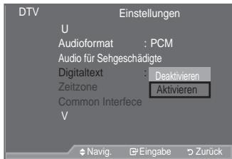 SAMSUNG LE46A559P4F - DTV
Audio für Sehgeschädigte
Audio für Sehgeschädigte : Ein
Lautstärke 100
Navig. Eingabe Zurück


Digitaltext einstellen (Nur Großbritannien)Collegare i cavi video component (opzionali) al connettore del componente ("PR", "PB", "Y") sul retro dell'apparecchiatura e ai corrispondenti connettori di uscita video del DTV o DVD.   
- Se si desidera collegare il Set-Top Box e il DTV (o DVD), effettuare il collegamento tra i due dispositivi, quindi collegare il DTV (o DVD) al rispettivo connettore ("PR", "PB", "Y") sull'apparecchiatura.   
- I connettori PR, PB e Y dei componenti (DTV o DVD) sono talvolta etichettati con Y, B-Y e R-Y o Y, Cb e Cr.   
- Collegare i cavi audio RCA (opzionali) a "R - AUDIO - L" sul retro dell'apparecchiatura e ai corrispondenti connettori di uscita audio sul DTV o DVD. - 1