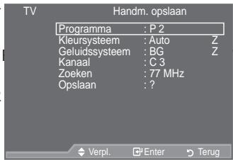 SAMSUNG LE46A559P4F - Kanalen automatisch opslaanremere il tasto ENTER.

° Al termine, viene visualizzato il numero di servizi trovati.   
° L'elenco dei canali esistente non viene eliminato quando si aggiorna l'elenco dei canali.   
° Per interrompere la scansione prima del termine, premere ENTER☐ dopo aver selezionato "Arresta".

![](images/e5f089aabfe581bf95de5aac9a9fad36459808825dc33474785c1d30ee7673b3.jpg)


U kunt scannen op de beschikbare frequentiebereiken (beschikbaarheid is afhankelijk van waar u woont).
Automatisch toegewezen kanaalnummers komen mogelijk niet overeen met de feitelijke of gewenste kanaalnummers. U kunt nummers echter handmatig rangschikken en ongewenste kanalen wissen.

Druk op de toets MENU om het menu weer te geven. 
'UXN RS GH WRHWV x RI z RP 3.DQDDO' WHENTERG.FWHUHQ HQ GUXN RS   
Druk op de toets ENTER← om "Land" te selecteren.   

6 HOHFWHHU KHW JHZHQVWH ODQG GRRU RS GH WRHWV x RI z WH GUX Druk op de toets ENTER om uw keuze te bevestigen. 
Hoewel u de landinstelling in dit menu hebt gewijzigd, is de landinstelling voor DTV niet gewijzigd. (Zie pagina 31)


'UXN RS GH WRHWV x RI z RP 3\$XWRPDWLVFK RSVHOMDERGWH VHOHFWHI


Druk op de toets ENTER.


De TV start met het opslaan van alle beschikbare kanalen.
Druk op elk gewenst moment op ENTER om de opslagprocedure te onderbreken en terug te keren naar het menu "Kanaal".

Nadat alle beschikbare kanalen zijn opgeslagen, verschijnt het menu "Sorteren". (Zie pagina 15)

Nederlands - 12


Kanalen handmatig opslaan in corso...
35%
Servizi trovati: 24 Canale 38
Arresta
Ritorno - 2