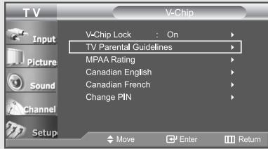 TV V-Chip Input Picture Sound Channel Setup V-Chip Lock : On TV Parental Guidelines MPAA Rating Canadian English Canadian French Change PIN Move Enter Return