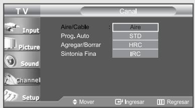 TV Canal Input Picture Sound Channel Setup Aire/Cable : Aire Prog. Auto STD Agregar/Borrar HRC Sintonia Fina IRC Mover Ingresar Regresar