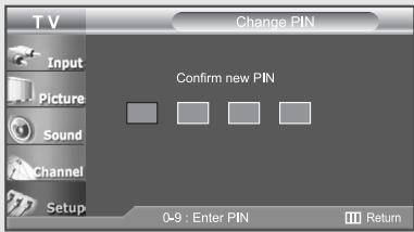 TV Change PIN Input Picture Sound Channel Setup Confirm new PIN 0-9 : Enter PIN Return